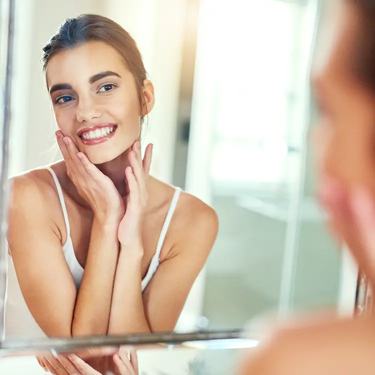Woman Perfect Smile Looking At Mirror